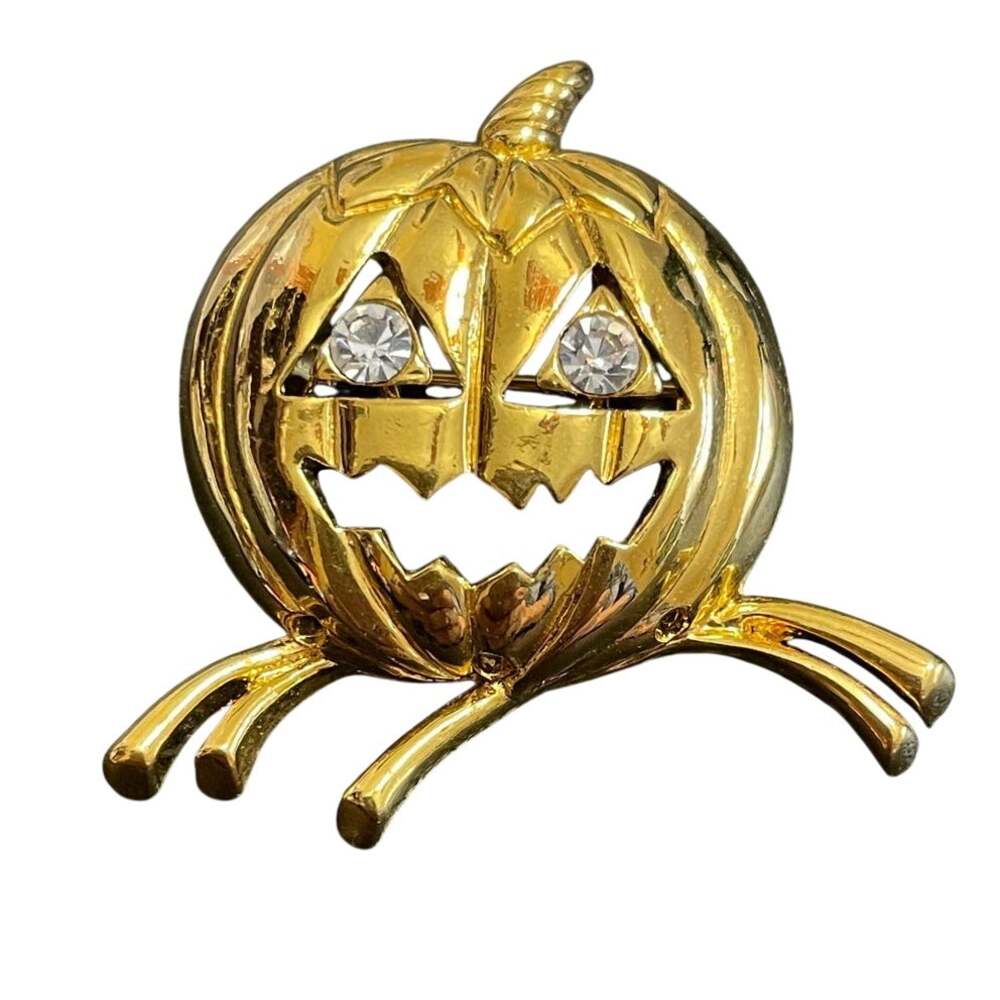 Vintage Avon Gold Tone Halloween Jack-O'-Lantern Pumpkin Brooch Pin